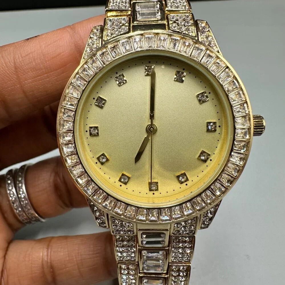 Techno Pave Watch Men Gold Tone Bling Iced Out Crystal Accents New Battery 9